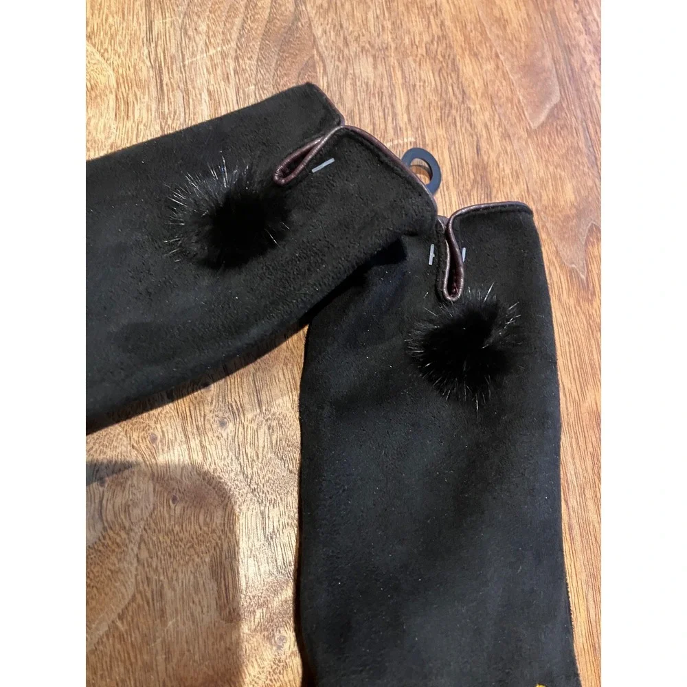 Womens Black Faux Suede Touchscreen Gloves Multi Color Finger Pom Pom Detail NEW